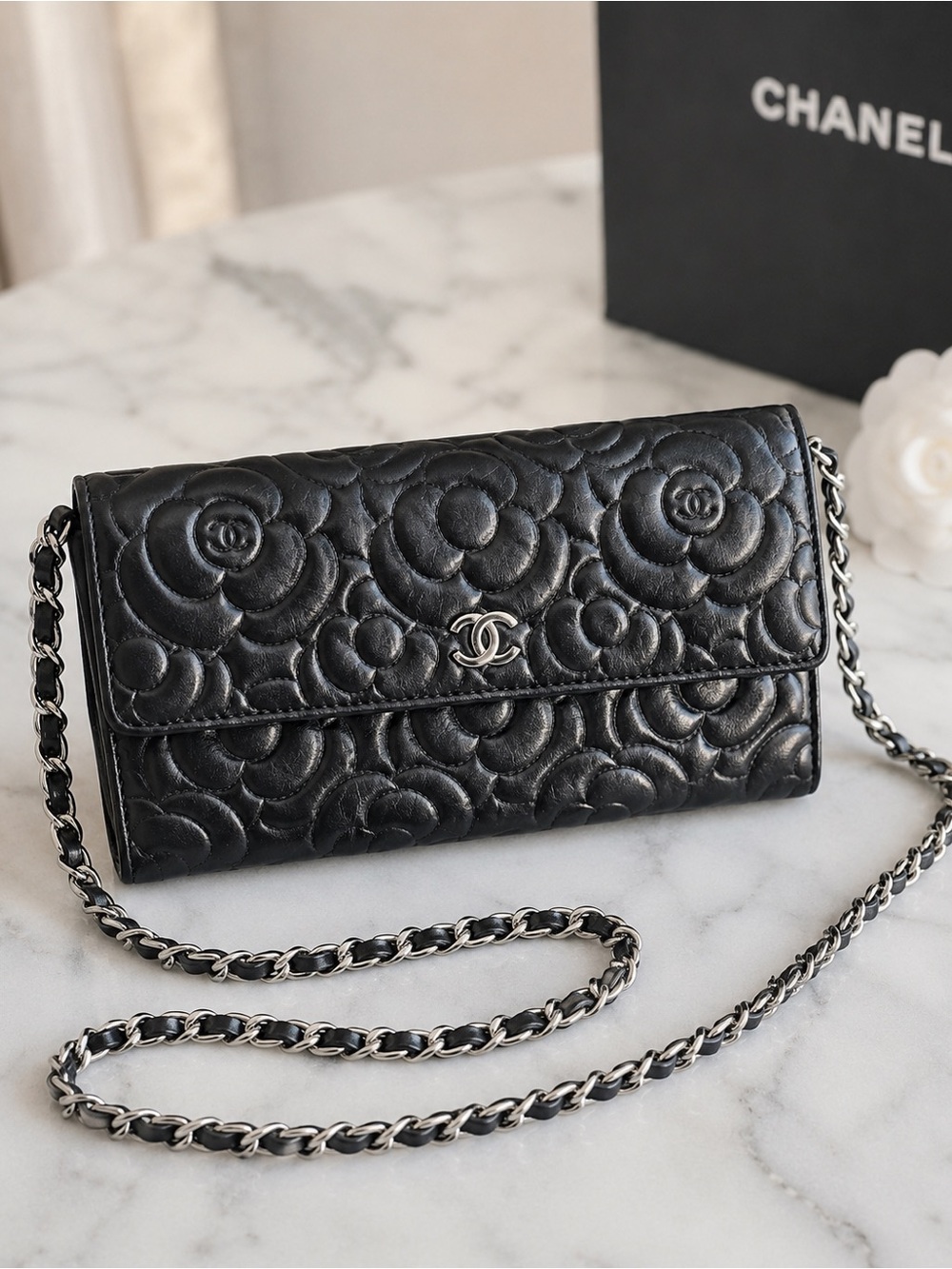 AUTHENTIC Chanel Black Quilted Camellia Chain Wallet